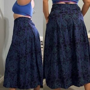 Maggie Lawrence Vintage‎ Purple Blue Pleated Midi Skirt Back Elastic Band Sz M